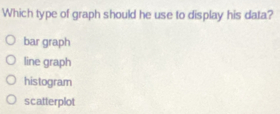 Which type of graph should he use to display his data?
bar graph
line graph
histogram
scatterplot