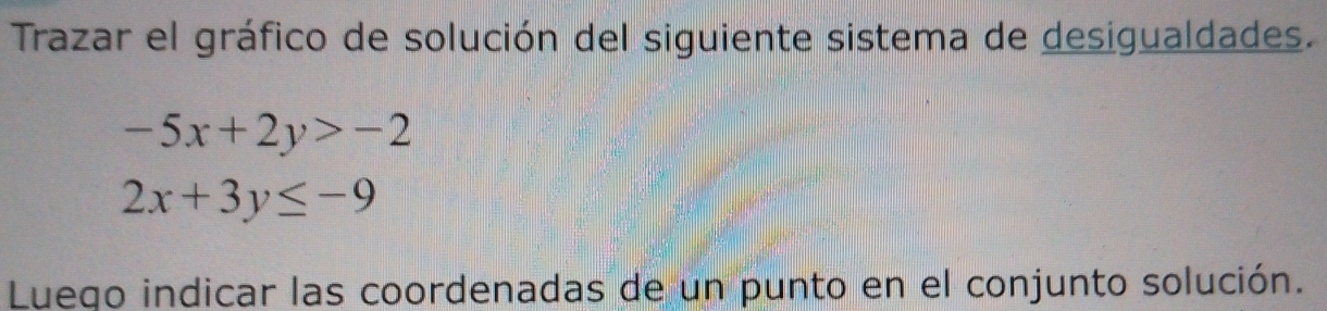 Trazar el gráfico de solución del siguiente sistema de desigualdades.
-5x+2y>-2
2x+3y≤ -9
Luego indicar las coordenadas de un punto en el conjunto solución.