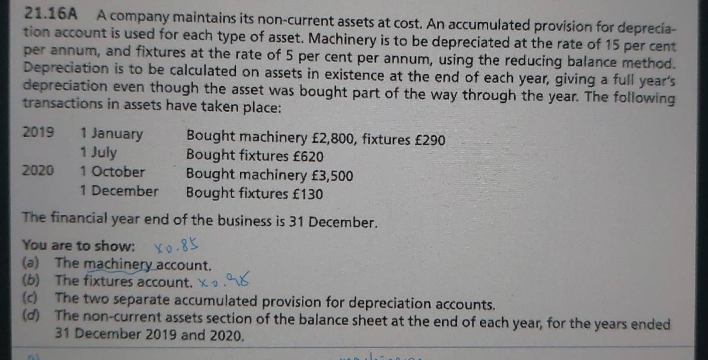 21.16A A company maintains its non-current assets at cost. An accumulated provision for deprecia- 
tion account is used for each type of asset. Machinery is to be depreciated at the rate of 15 per cent
per annum, and fixtures at the rate of 5 per cent per annum, using the reducing balance method. 
Depreciation is to be calculated on assets in existence at the end of each year, giving a full year's 
depreciation even though the asset was bought part of the way through the year. The following 
transactions in assets have taken place: 
2019 1 January Bought machinery £2,800, fixtures £290
1 July Bought fixtures £620
2020 1 October Bought machinery £3,500
1 December Bought fixtures £130
The financial year end of the business is 31 December. 
You are to show: 
(a) The machinery account. 
(b) The fixtures account. 
(c) The two separate accumulated provision for depreciation accounts. 
(d) The non-current assets section of the balance sheet at the end of each year, for the years ended 
31 December 2019 and 2020.