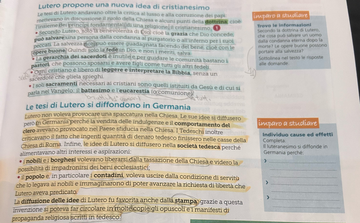 Lutero propone una nuova idea di cristianesimo
Le tesi di Lutero andavano oltre la crítica al lusso e alla corruzione deí papi:
mettevano in discussione il ruolo della Chiesa e alcuni punti della dottrinal cioé ímparo a studiare
Trovo le informazioni
l'insieme dei principi fondamentali di una religione, il cristianesimo,
Secondo Lutero, soló la benevolenza di Dio) cioè la grazia che Dio concede Secondo la dottrina di Lutero,
può salvare una persona dalla condanna al purgatorio o all inferno per i suoi che cosa può salvare un uomo
dalla condanna eterna dopo la
peccatí. La salvezza non può essere guadagnata facendo del bene, cioè con le morte? Le opere buone possono
opere buone. Quindi solo la fede in Dio, e non i meriti, salva.
portare alla salvezza?
La gerarchia dei sacerdoti è inutile e per guidare le comunità bastano i Sottolinea nel testo le risposte
pastori, che possono sposarsi e avere figli come tutti gli altri fedeli. alle domande.
Ogni cristiano è líbero di leggere e interpretare la Bibbia, senza un
sacerdote che gliela spieghi.
I soli sacramenti necessari ai cristiani sono quelli ístituiti da Gesù e di cui si
parla nel Vangelo: il battesimo e l'eucarestia (o comunione)
Le tesi di Lutero si diffondono in Germania
Lutero non voleva provocare una spaccatura nella Chiesa. Le sue idee si diffusero
peró in Germania perché la vendita delle indulgenze e il comportamento del imparo a studiare
clero avevano provocato nel Paese sfiducia nella Chiesa. I Tedeschi inoltre
Individuo cause ed effetti
criticavano il fatto che ingenti quantità di denaro tedesco finissero nelle casse della Completa.
Chiesa di Roma. Infine, le idee di Lutero si diffusero nella società tedesca perché Il luteranesimo si diffonde in
alimentavano altri interessi e aspirazioni:  Germania perché:
• i nobili e i borghesi volevano liberarsi dalla tassazione della Chiesa e videro la_
possibilità di impadronirsi dei beni ecclesiastici;
_
il popolo e, in particolare i contadini, voleva uscire dalla condizione di servitù_
che lo legava ai nobili e immaginarono di poter avanzare la richiesta di libertà che_
Lutero aveva predicato.
_
La diffusione delle idee di Lutero fu favorita anche dalla stampa: grazie a questa
_
invenzione si poteva far circolare in molte copie gli opuscoli e i manifesti di
_
propaganda religiosa scritti in tedesco.