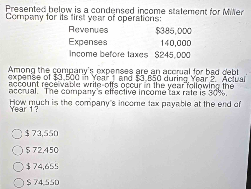 Presented below is a condensed income statement for Miller
Company for its first year of operations:
Revenues $385,000
Expenses 140,000
Income before taxes $245,000
Among the company's expenses are an accrual for bad debt
expense of $3,500 in Year 1 and $3,850 during Year 2. Actual
account receivable write-offs occur in the year following the
accrual. The company's effective income tax rate is 30%.
How much is the company's income tax payable at the end of
Year 1?
$ 73,550
$ 72,450
$ 74,655
$ 74,550