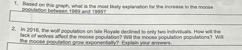 Based on this graph, what is the most likely explanation for the increase in the moose 
population between 1989 and 1995? 
2. In 2016, the wolf population on Isle Royale declined to only two individuals. How will the 
lack of wolves affect the moose population? Will the moose population populations? Will 
the moose population grow exponentially? Explain your answers.