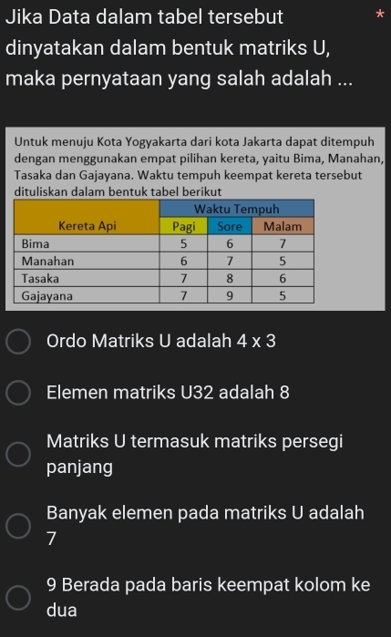 Jika Data dalam tabel tersebut
dinyatakan dalam bentuk matriks U,
maka pernyataan yang salah adalah ...
Untuk menuju Kota Yogyakarta dari kota Jakarta dapat ditempuh
dengan menggunakan empat pilihan kereta, yaitu Bima, Manahan,
Tasaka dan Gajayana. Waktu tempuh keempat kereta tersebut
dituliskan dalam bentuk tabel berikut
Ordo Matriks U adalah 4* 3
Elemen matriks U32 adalah 8
Matriks U termasuk matriks persegi
panjang
Banyak elemen pada matriks U adalah
7
9 Berada pada baris keempat kolom ke
dua