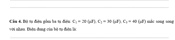 Bộ tụ điện gồm ba tụ điện: C_1=20(mu F), C_2=30(mu F), C_3=40(mu F) mắc song song 
với nhau. Điện dung của bộ tụ điện là: 
_