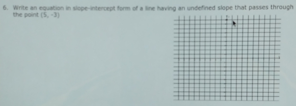 Write an equation in slope-intercept form of a line having an undefined slope that passes through 
the point (5,-3)