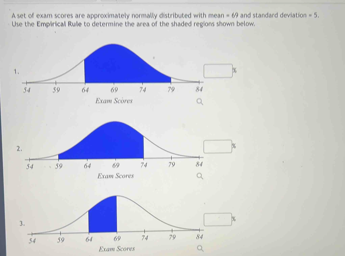 A set of exam scores are approximately normally distributed with mean =69 and standard deviation =5. 
Use the Empirical Rule to determine the area of the shaded regions shown below.
%
Exam Scòres
%
Exam Scores
%
Exam Scores