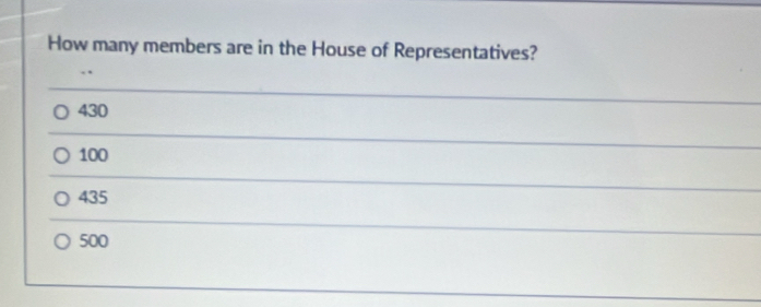 How many members are in the House of Representatives?
430
100
435
500