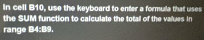 In cell B10, use the keyboard to enter a formula that uses 
the SUM function to calculate the total of the values in 
range B4:B9.