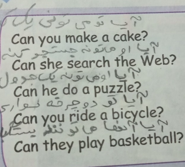 Can you make a cake? 
Can she search the Web? 
Can he do a puzzle? 
Can you ride a bicycle? 
Can they play basketball?