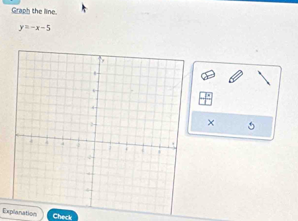 Graph the line.
y=-x-5
× 5
Explanation Check