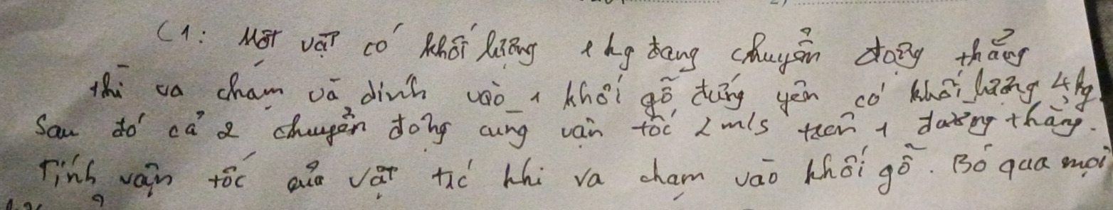 (1 : MBt vá co" AnS RBng Ahg tang chuyán dazy thāes 
thi ca cham vā dinh vàò n khéi gē dāng yēu có khoi lāing 4h 
San do' ca a changen dong cung vain too I mls then a daing thāng 
Tinh wain tó aǎo vàt tiò hhi va cham váo khéi gó. Bó qua mà