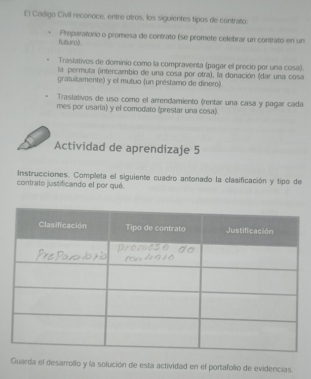 El Código Civil reconoce, entre otros, los siguientes tipos de contrato:
Preparatorio o promesa de contrato (se promete celebrar un contrato en un
futuro).
Traslativos de dominio como la compraventa (pagar el precio por una cosa).
la permuta (intercambio de una cosa por otra), la donación (dar una cosa
gratuitamente) y el mutuo (un préstamo de dinero).
Traslativos de uso como el arrendamiento (rentar una casa y pagar cada
mes por usarla) y el comodato (prestar una cosa).
Actividad de aprendizaje 5
Instrucciones. Completa el siguiente cuadro antonado la clasificación y tipo de
contrato justificando el por qué.
Guarda el desarrollo y la solución de esta actividad en el portafolio de evidencias.