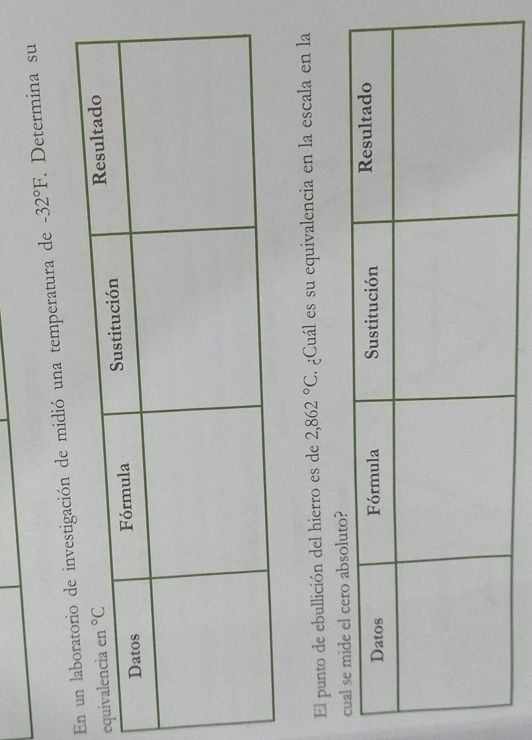 ación de midió una temperatura de -32°F. Determina su
e
El punto de ebullición del hierro es de 2,862°C.  ¿Cuál es su equivalencia en la escala en la