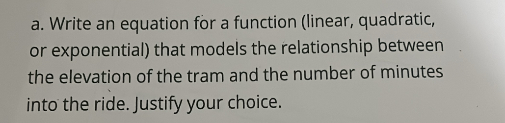 Write an equation for a function (linear, quadratic, 
or exponential) that models the relationship between 
the elevation of the tram and the number of minutes
into the ride. Justify your choice.