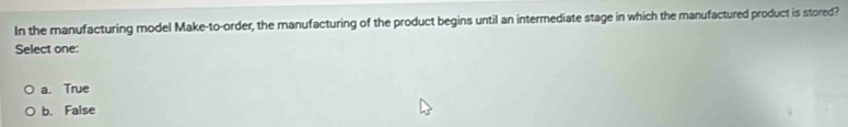 In the manufacturing model Make-to-order, the manufacturing of the product begins until an intermediate stage in which the manufactured product is stored?
Select one:
a. True
b. False