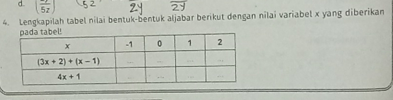 (frac 5z)
4. Lengkapilah tabel nilai bentuk-bentuk aljabar berikut dengan nilai variabel x yang diberikan