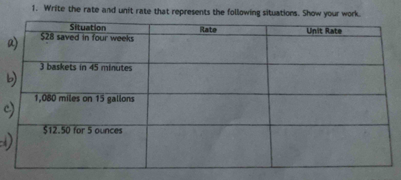 Write the rate and unit rate that represents the following situations. Show your work.