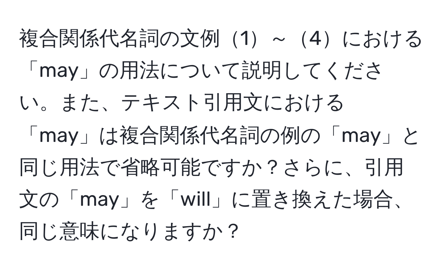 複合関係代名詞の文例1～4における「may」の用法について説明してください。また、テキスト引用文における「may」は複合関係代名詞の例の「may」と同じ用法で省略可能ですか？さらに、引用文の「may」を「will」に置き換えた場合、同じ意味になりますか？