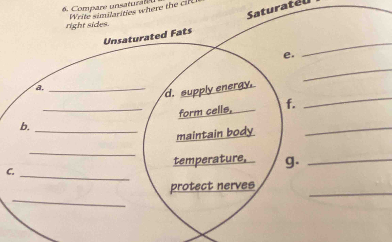 Compare unsaturate 
Saturated 
Write similarities where the cire 
right sides. 
_ 
Unsaturated Fats 
e. 
_ 
a._ 
d. supply energy, 
_form cells, f. 
_ 
b._ 
maintain body 
_ 
_ 
_ 
C. temperature, g._ 
_ 
protect nerves_