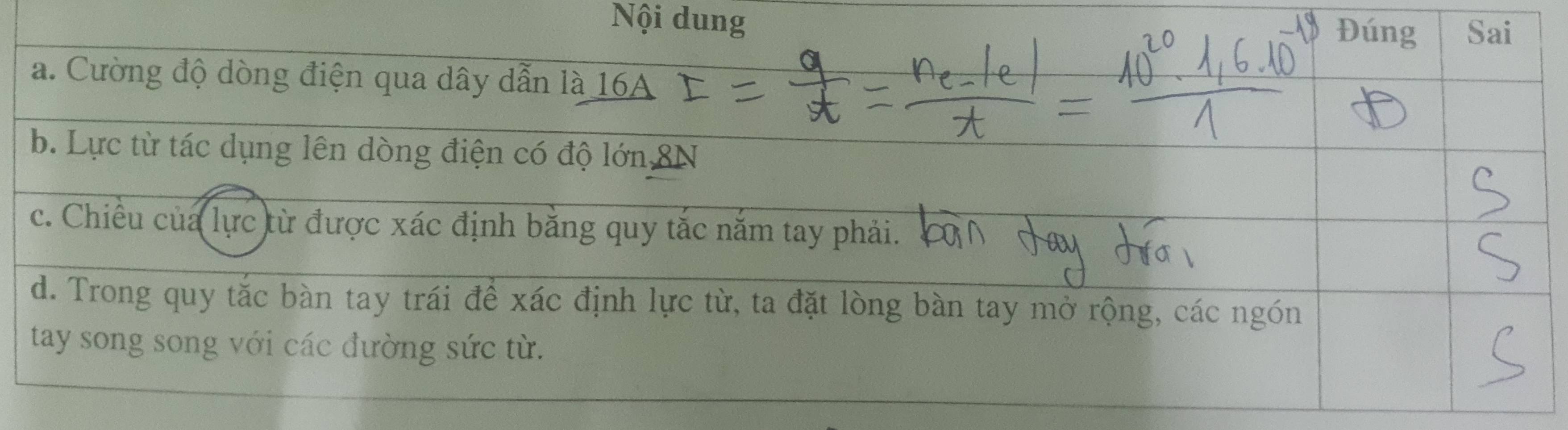 Nội dung
Đúng Sai
a. Cường độ dòng điện qua dây dẫn là 16A
b. Lực từ tác dụng lên dòng điện có độ lớn 8N
c. Chiều của lực từ được xác định bằng quy tắc nằm tay phải.
d. Trong quy tắc bàn tay trái để xác định lực từ, ta đặt lòng bàn tay mở rộng, các ngón
tay song song với các đường sức từ.