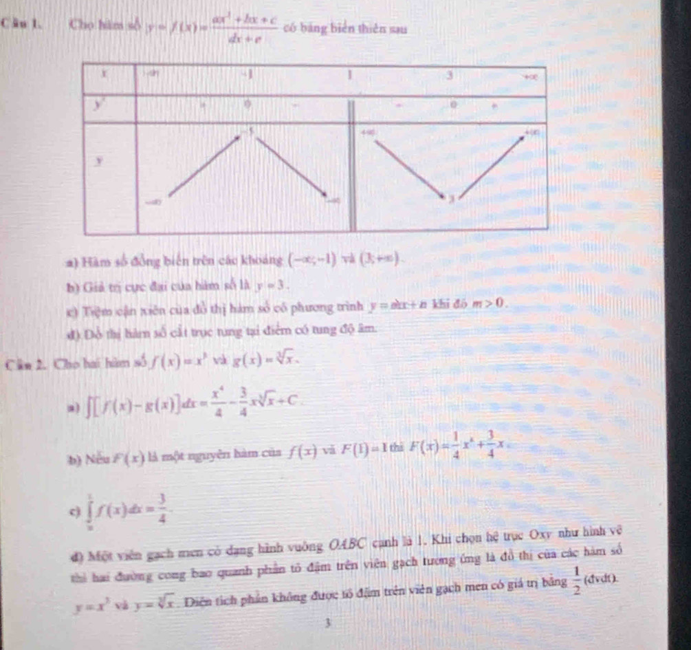 Cho hàm số y=f(x)= (ax^2+bx+c)/dx+e  có bảng biển thiên sau 
a) Hàm số đồng biên trên các khoảng (-∈fty ,-1) và (3,+∈fty ). 
b) Giả trị cực đại của hàm số là y=3. 
c) Tiệm cận xiên của đồ thị hàm số cô phương trình y=akx+nkhi đó m>0. 
đ) Đỗ thị hàm số cất trục tung tại điểm có tung độ âm. 
Cân 2. Cho hai hàm số f(x)=x^3 và g(x)=sqrt[3](x). 
a) ∈t [f(x)-g(x)]dx= x^4/4 - 3/4 xsqrt[3](x)+C
b) Nếu F(x) là một nguyễn hàm của f(x) vǎ F(1)=1 thì F(x)= 1/4 x^k+ 3/4 x. 
c) ∈tlimits _a^(1f(x)dx=frac 3)4. 
đ) Một viên gạch men có dạng hình vuông OABC cạnh là 1. Khi chọn hệ trục Oxy như hình về 
thì hai đường cong bao quanh phần tô đậm trên viên gạch tương ứng là đồ thị của các hàm số
y=x^3 và y=sqrt[3](x). Diện tích phản không được tổ đặm trên viên gạch men có giá trị bằng  1/2 (dvdt)
1