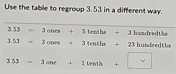 Use the table to regroup 3.53 in a different way.
3.53=3ones+5tenths+3hundredths
3.53=3ones+3tenths+23hundredths
3.53=3 3one+1tenth+□