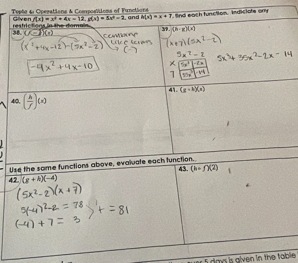 (g+h)(-4)
5 days is given in the table