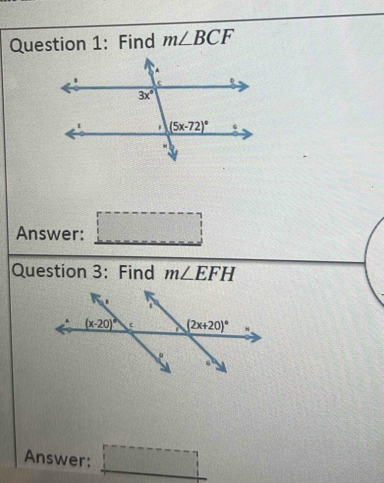 Find m∠ BCF
Answer: □
Question 3: Find m∠ EFH
Answer: □