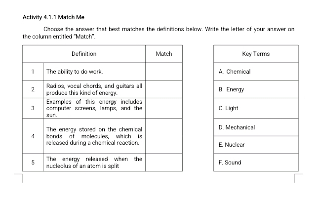 Activity 4.1.1 Match Me 
Choose the answer that best matches the definitions below. Write the letter of your answer on 
the column entitled ''Match''.