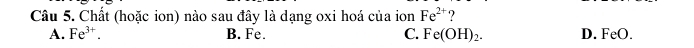 Chất (hoặc ion) nào sau đây là dạng oxi hoá của ion Fe^(2+) ?
A. Fe^(3+). B. Fe. C. Fe(OH)_2. D. FeO.