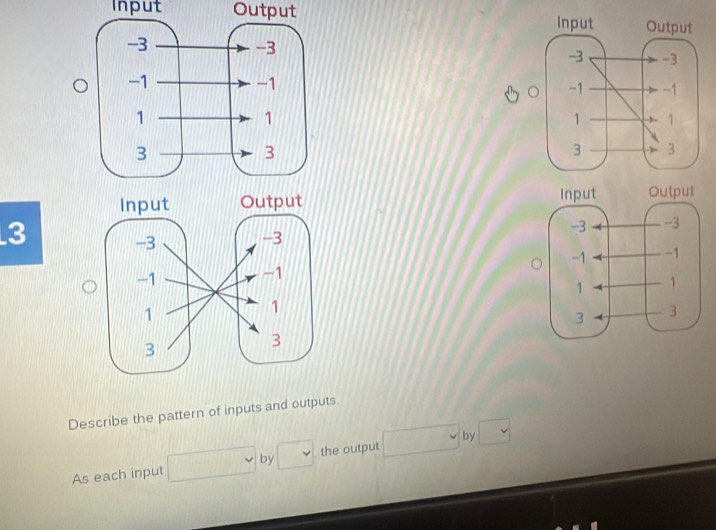 Input Output 

3 
Describe the pattern of inputs and outputs 
As each input □ by □ the output □ by □