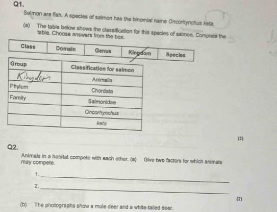 Salmon are fish. A species of salmon has the binomial name Oncorhynchus keta. 
(a) The table below shows the classification for this species of salmon. Complete the 
table. Choose answers from the box. 
Class Domain Genus Kingdom Species 
(3) 
Q2. 
Animals in a habitat compete with each other. (a) Give two factors for which animals 
may compete. 
1. 
_ 
2,_ 
(2) 
(b) The photographs show a mule deer and a white-tailed deer.