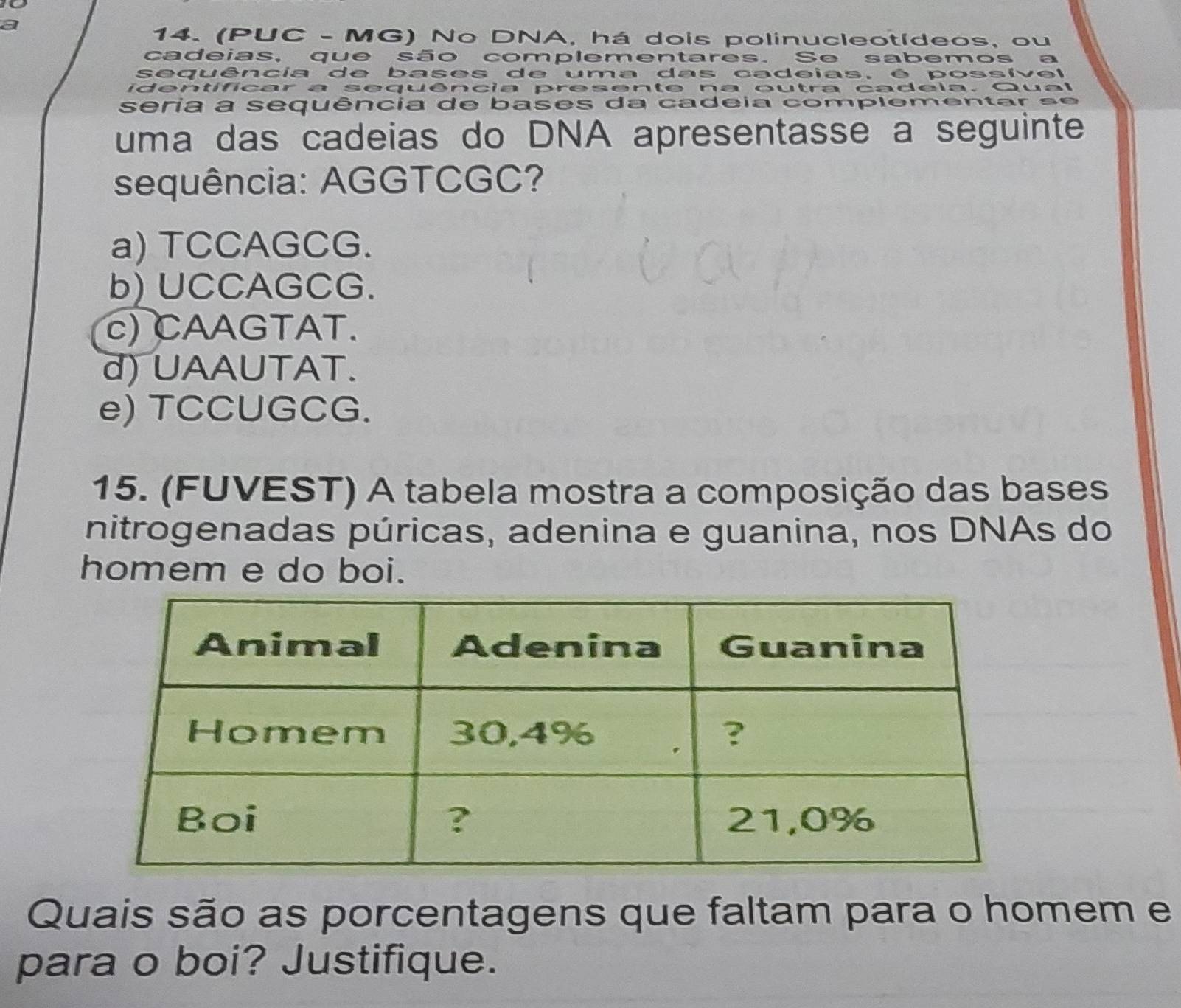 a
14. (PUC - MG) No DNA, há dois polinucleotídeos, ou
cadeias, que são complementares. Se sabemos a
sequência de bases de uma das cadeias, é possível
identificar a sequência presente na outra cadeia. Qual
seria a sequência de bases da cadeia complementar a
uma das cadeias do DNA apresentasse a seguinte
sequência: AGGTCGC?
a) TCCAGCG.
b) UCCAGCG.
c) CAAGTAT.
d) UAAUTAT.
e) TCCUGCG.
15. (FUVEST) A tabela mostra a composição das bases
nitrogenadas púricas, adenina e guanina, nos DNAs do
homem e do boi.
Quais são as porcentagens que faltam para o homem e
para o boi? Justifique.