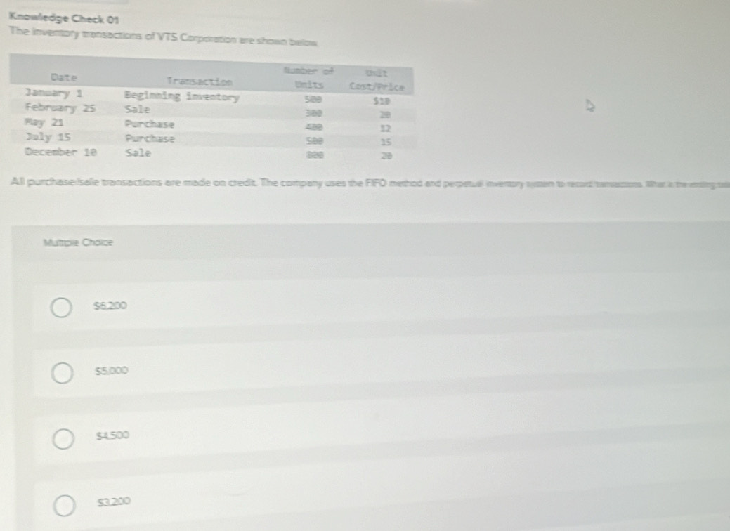 Knowledge Check 01
The inventory transactions of VTS Corporation are shown below
All purchase sale transactions are made on credit. The company uses the FIFO method and perpetual inventory rusten to record tansactions. lher in the eting
Muttiple Choice
$6,200
$5,000
$4,500
53,200