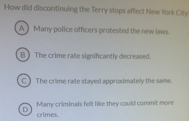 Solved: How did discontinuing the Terry stops affect New York City? A ...