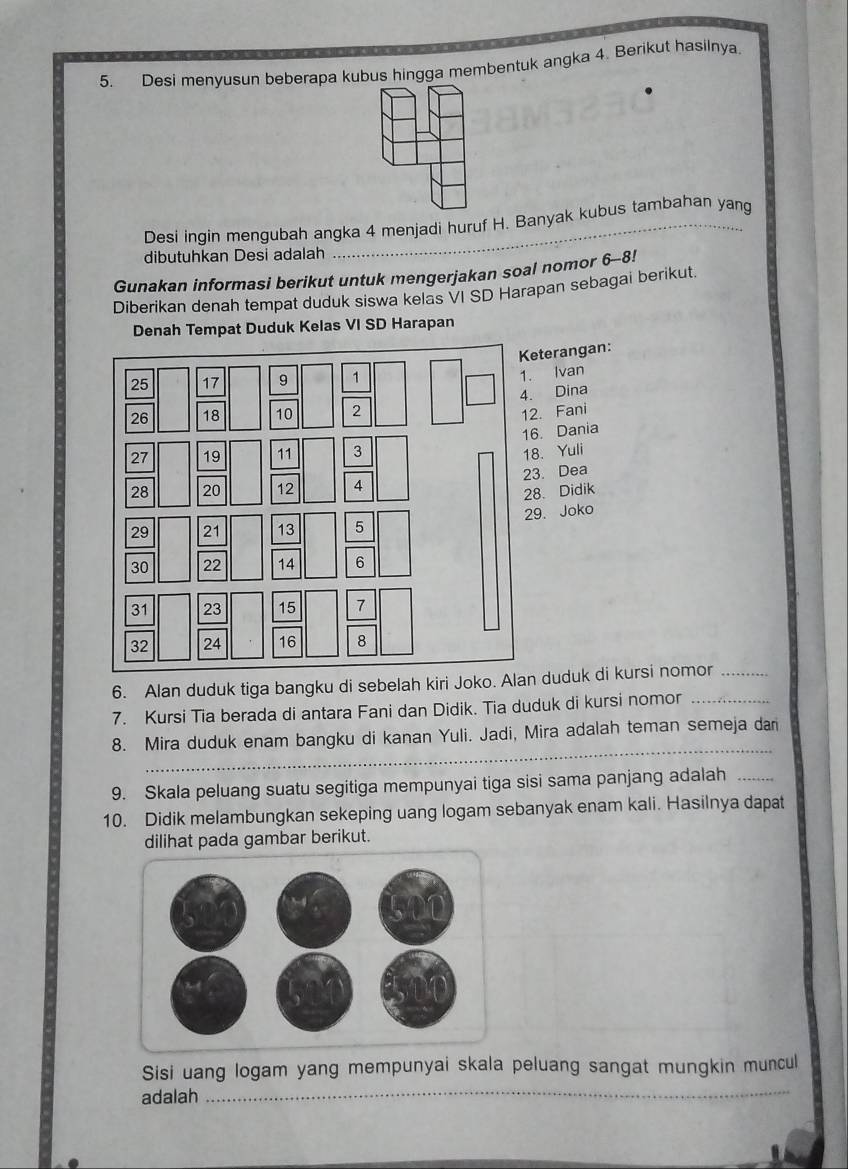 Desi menyusun beberapa kubus hingga membentuk angka 4. Berikut hasilnya. 
Desi ingin mengubah angka 4 menjadi huruf H. Banyak kubus tambahan yang 
dibutuhkan Desi adalah 
Gunakan informasi berikut untuk mengerjakan soal nomor 6-8! 
Diberikan denah tempat duduk siswa kelas VI SD Harapan sebagai berikut. 
Denah Tempat Duduk Kelas VI SD Harapan 
eterangan: 
Ivan 
Dina 
2. Fani 
6. Dania 
8. Yuli 
3. Dea 
8. Didik 
9. Joko 
6. Alan duduk tiga bangku di sebelah kiri Joko. Alan duduk di kursi nomor_ 
7. Kursi Tia berada di antara Fani dan Didik. Tia duduk di kursi nomor_ 
_ 
8. Mira duduk enam bangku di kanan Yuli. Jadi, Mira adalah teman semeja dan 
9. Skala peluang suatu segitiga mempunyai tiga sisi sama panjang adalah_ 
10. Didik melambungkan sekeping uang logam sebanyak enam kali. Hasilnya dapat 
dilihat pada gambar berikut. 
Sisi uang logam yang mempunyai skala peluang sangat mungkin muncul 
adalah 
_