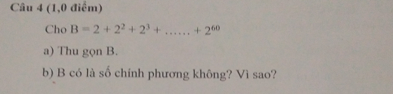 (1,0 điểm) 
Cho B=2+2^2+2^3+......+2^(60)
a) Thu gọn B. 
b) B có là số chính phương không? Vì sao?