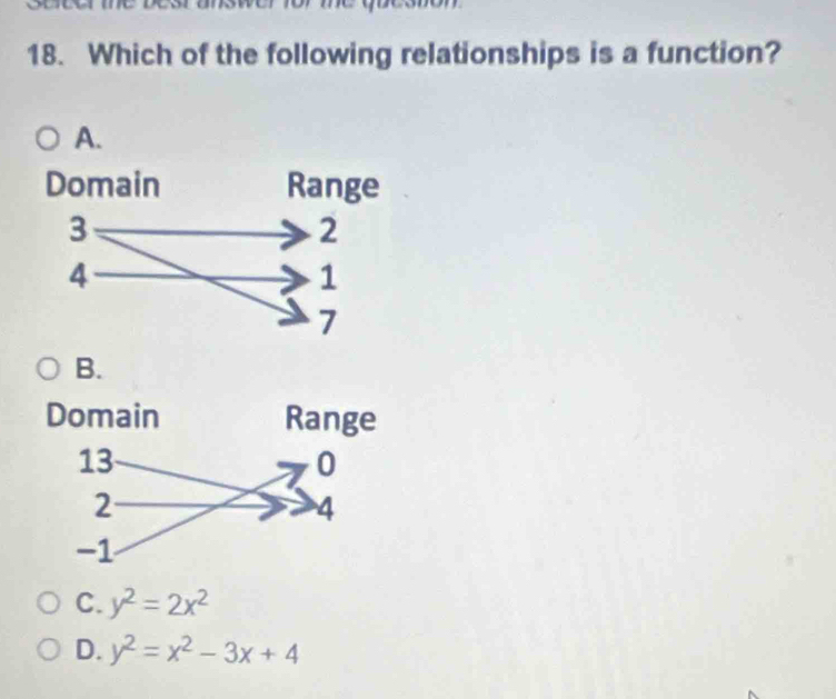 Which of the following relationships is a function?
B.
C. y^2=2x^2
D. y^2=x^2-3x+4