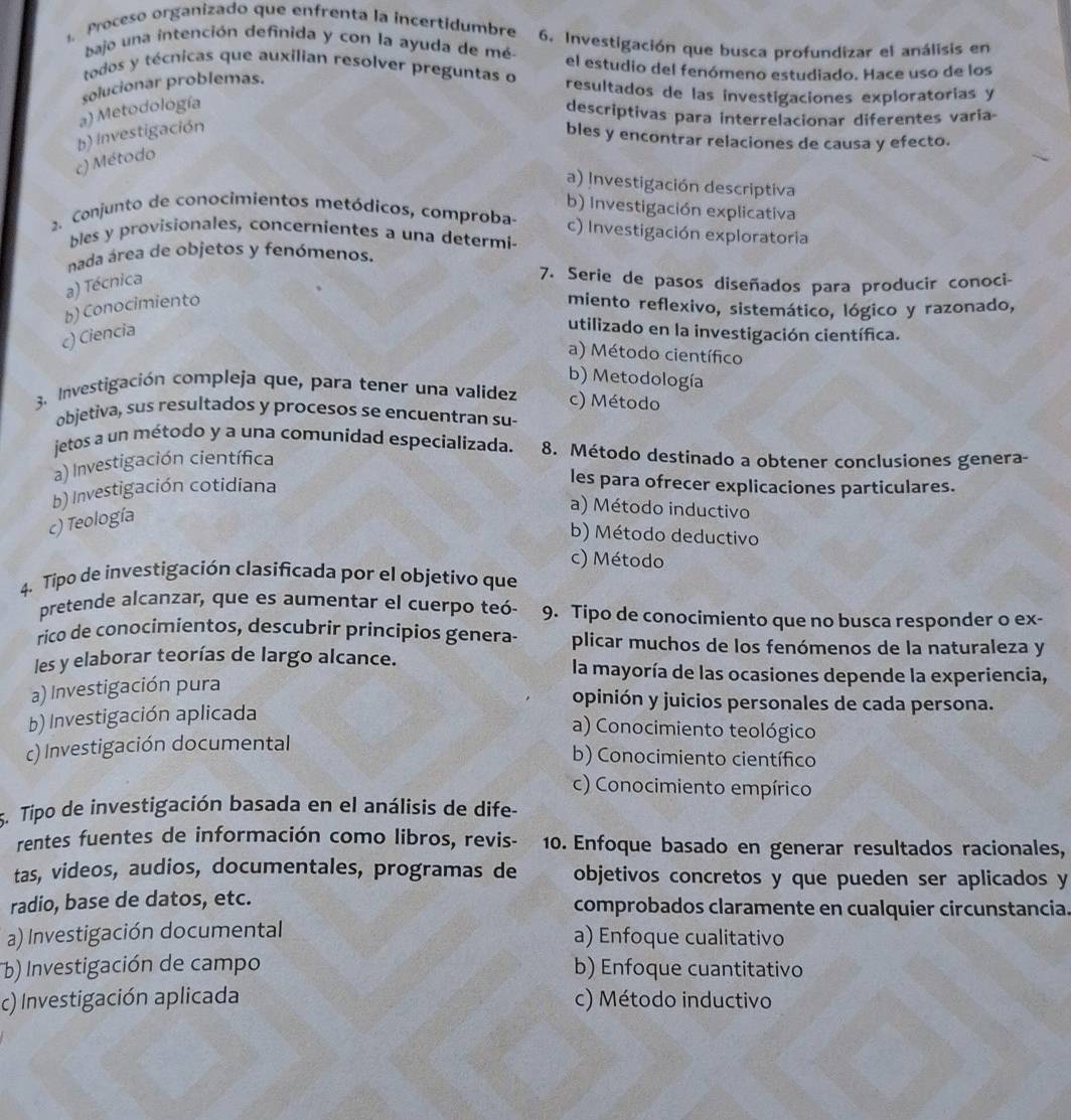 Proceso organizado que enfrenta la incertidumbre 6. Investigación que busca profundizar el análisis en
bajo una intención definida y con la ayuda de mé
todos y técnicas que auxilian resolver preguntas o el estudio del fenómeno estudiado. Hace uso de los
solucionar problemas.
resultados de las investigaciones exploratorias y
a) Metodología
descriptivas para interrelacionar diferentes varia-
b) Investigación
bles y encontrar relaciones de causa y efecto.
c) Método
a) Investigación descriptiva
b) Investigación explicativa
2. Conjunto de conocimientos metódicos, comproba- c) Investigación exploratoria
bles y provisionales, concernientes a una determi-
nada área de objetos y fenómenos.
a) Técnica
7. Serie de pasos diseñados para producir conoci-
b) Conocimiento miento reflexivo, sistemático, lógico y razonado,
c) Ciencia
utilizado en la investigación científica.
a) Método científico
b) Metodología
3. Investigación compleja que, para tener una validez c) Método
objetiva, sus resultados y procesos se encuentran su-
jetos a un método y a una comunidad especializada. 8. Método destinado a obtener conclusiones genera-
a) Investigación científica
b) Investigación cotidiana
les para ofrecer explicaciones particulares.
c) Teología
a) Método inductivo
b) Método deductivo
c) Método
4. Tipo de investigación clasificada por el objetivo que
pretende alcanzar, que es aumentar el cuerpo teó- 9. Tipo de conocimiento que no busca responder o ex-
rico de conocimientos, descubrir principios genera- plicar muchos de los fenómenos de la naturaleza y
les y elaborar teorías de largo alcance. la mayoría de las ocasiones depende la experiencia,
a) Investigación pura
opinión y juicios personales de cada persona.
b) Investigación aplicada
a) Conocimiento teológico
c) Investigación documental
b) Conocimiento científico
c) Conocimiento empírico
5. Tipo de investigación basada en el análisis de dife-
rentes fuentes de información como libros, revis- 10. Enfoque basado en generar resultados racionales,
tas, videos, audios, documentales, programas de objetivos concretos y que pueden ser aplicados y
radio, base de datos, etc. comprobados claramente en cualquier circunstancia.
a) Investigación documental a) Enfoque cualitativo
b) Investigación de campo b) Enfoque cuantitativo
c) Investigación aplicada c) Método inductivo