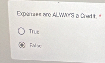 Expenses are ALWAYS a Credit. *
True
False