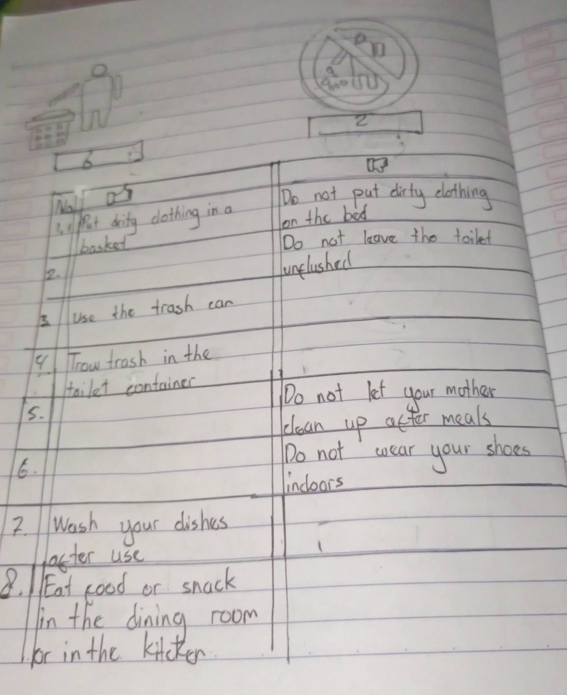 No
Do not put dirty clothing
on the bed
6. afut drity clothing in a
basket
Do not leave the tollet
2.
unglushed
3 use the trash can
4 row trash in the
toilet container
DDo not let your mother
5.
celean up acter meals
6.
Do not cocar your shoes
dindoors
2. Wash your dishes
laster use
8. / Eat cood or snack
in the dining room
for in the kitcter