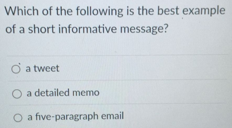 Solved: Which of the following is the best example of a short ...