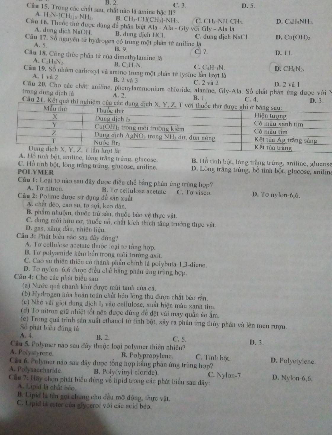 B. 2. C. 3. D. 5.
Câu 15. Trong các chất sau, chất nào là amine bậc II?
A. H₂N-[CH₂]₆-NH₂. B. CH₃-CH(CH₃)-NH₂. C. CH₃-NH-CH₃. C₆H₅NH2.
D.
Câu 16. Thuốc thử được dùng để phân biệt Ala - Ala - Gly với Gly - Ala là
A. dung dịch NaOH. B. dung djch HCl. C. dung dịch NaCl. D. Cu(OH)₂.
Câu 17. Số nguyên tử hydrogen có trong một phân tử aniline là
A. 5. B. 9. C. 7.
D. 11.
Câu 18. Công thức phân tử của dimethylamine là
A. C2H₈N2. B. C₂H₇N. C. C₄H₁₁N. CH₆N2.
D.
Câu 19. Số nhóm carboxyl và amino trong một phân tử lysine lần lượt là
A. 1 và 2 B. 2 và 3 C. 2 và 2 D. 2 và l
Câu 20. Cho các chất: aniline, phenylammonium chloride, alanine, Gly-Ala. Số chất phản ứng được với N
trong dung dịch là A. 2. C. 4.
B. 1. D. 3.
Câu 21. Kết quả thí nghi
A. Hồ tỉnh bột, aniline, lòng trắng trứng, glucose. B. Hồ tinh bột, lòng trắng trứng, aniline, glucose
C. Hồ tinh bột, lòng trắng trứng, glucose, aniline. D. Lòng trăng trứng, hồ tinh bột, glucose, aniline
POLYMER
Câu 1: Loại tơ nào sau đây được điều chế bằng phản ứng trùng hợp?
A. Tơ nitron. B. Tơ cellulose acetate C. Tơ visco. D. Tơ nylon-6,6.
Câu 2: Polime được sử dụng đề sản xuất
A. chất dẻo, cao su, tơ sợi, keo dán.
B. phẩm nhuộm, thuốc trừ sâu, thuốc bảo vệ thực vật.
C. dung môi hữu cơ, thuốc nổ, chất kích thích tăng trưởng thực vật.
D. gas, xăng dầu, nhiên liệu.
Câu 3: Phát biểu nào sau đây đúng?
A. Tơ cellulose acetate thuộc loại tơ tổng hợp.
B. Tơ polyamide kém bền trong môi trường axit.
C. Cao su thiên thiên có thành phần chính là polybuta-1,3-diene.
D. Tơ nylon-6,6 được điều chế bằng phản ứng trùng hợp.
Câu 4: Cho các phát biểu sau
(a) Nước quả chanh khử được mùi tanh của cá.
(b) Hydrogen hóa hoàn toàn chất béo lỏng thu được chất béo rắn.
(c) Nhỏ vài giọt dung dịch I₂ vào cellulose, xuất hiện màu xanh tím.
(d) Tơ nitron giữ nhiệt tốt nên được dùng đề dệt vải may quần áo ấm.
(e) Trong quá trình sản xuất ethanol từ tỉnh bột, xảy ra phản ứng thủy phân và lên men rượu.
Số phát biểu đúng là
A. 4. B. 2. C. 5. D. 3.
Câu 5. Polymer nào sau đây thuộc loại polymer thiên nhiên?
A. Polystyrene. B. Polypropylene. C. Tỉnh bột. D. Polyetylene.
Cầu 6. Polymer nào sau đây được tổng hợp bằng phản ứng trùng hợp?
A. Polysaccharide. B. Poly(vinyl cloride). C. Nylon-7 D. Nylon-6,6.
Cầu 7: Hãy chọn phát biểu đúng về lipid trong các phát biểu sau đây:
A. Lipid là chất béo.
B. Lipid là tên gọi chung cho dầu mỡ động, thực vật.
C. Lipid là ester của glycerol với các acid béo.