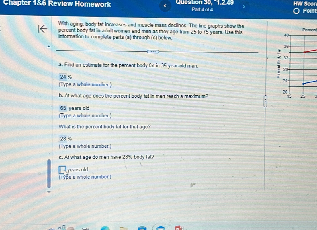 Chapter 1&6 Review Homework Question 30, °1.2.49 HW Scor
<
Part 4 of 4 Point
With aging, body fat increases and muscle mass declines. The line graphs show the Percent
percent body fat in adult women and men as they age from  25 to 75 years. Use this
information to complete parts (a) through (c) below.
40
36
32 -
a. Find an estimate for the percent body fat in 35 -year-old men.
24 %
: 28
24
(Type a whole number.)
20
b. At what age does the percent body fat in men reach a maximum? 15 25 3
65 years old
(Type a whole number.)
What is the percent body fat for that age?
28 %
(Type a whole number.)
c. At what age do men have 23% body fat?
years old
(Type a whole number.)