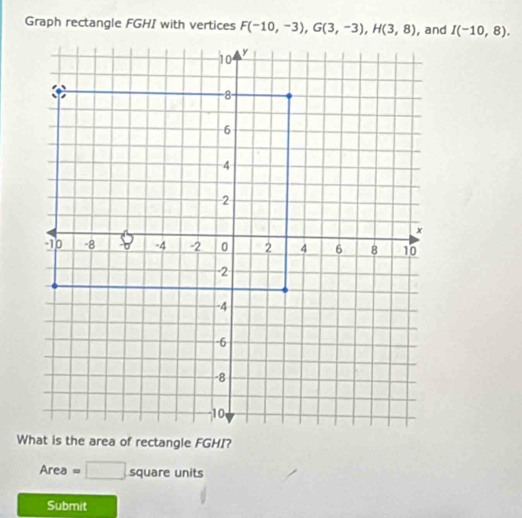 Graph rectangle FGHI with vertices I(-10,8).
Area vector  square units
1
Submit