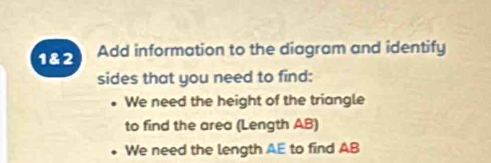 1&2 Add information to the diagram and identify 
sides that you need to find: 
We need the height of the triangle 
to find the area (Length AB) 
We need the length AE to find AB