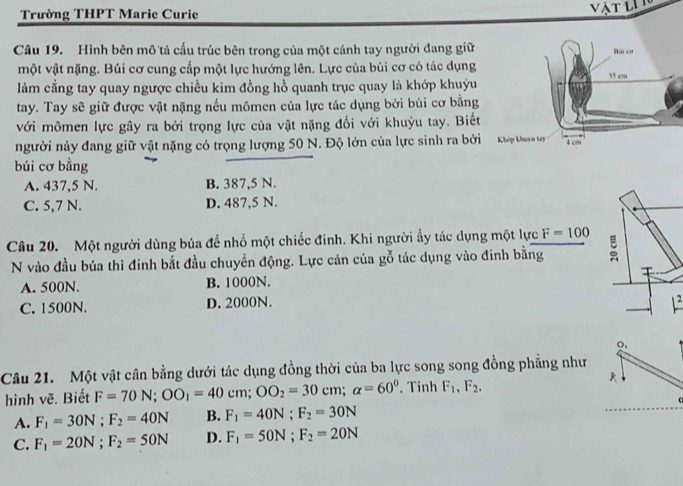 Trường THPT Marie Curie
Vật li 
Câu 19. Hình bên mô tả cấu trúc bên trong của một cánh tay người đang giữ
một vật nặng. Búi cơ cung cấp một lực hướng lên. Lực của búi cơ có tác dụng 
làm cẳng tay quay ngược chiều kim đồng hồ quanh trục quay là khớp khuỳu
tay. Tay sẽ giữ được vật nặng nếu mômen của lực tác dụng bởi búi cơ bằng
với mômen lực gây ra bởi trọng lực của vật nặng đối với khuỳu tay. Biết
người này đang giữ vật nặng có trọng lượng 50 N. Độ lớn của lực sinh ra bởi
búi cơ bằng
A. 437,5 N. B. 387,5 N.
C. 5,7 N. D. 487,5 N.
Câu 20. Một người dùng búa để nhổ một chiếc đinh. Khi người ẩy tác dụng một lực F=100
N vào đầu búa thì đinh bắt đầu chuyền động. Lực cán của gỗ tác dụng vào đinh bằng
A. 500N. B. 1000N.
C. 1500N. D. 2000N.
1 2
O_1
Câu 21. Một vật cân bằng dưới tác dụng đồng thời của ba lực song song đồng phẳng như
hình vẽ. Biết F=70N; OO_1=40cm; OO_2=30cm; alpha =60^0. Tính F_1, F_2. 
R
A. F_1=30N; F_2=40N B. F_1=40N; F_2=30N
C. F_1=20N; F_2=50N D. F_1=50N; F_2=20N