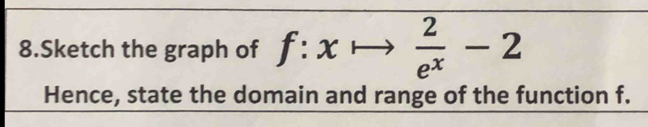 Sketch the graph of f:xto  2/e^x -2
Hence, state the domain and range of the function f.