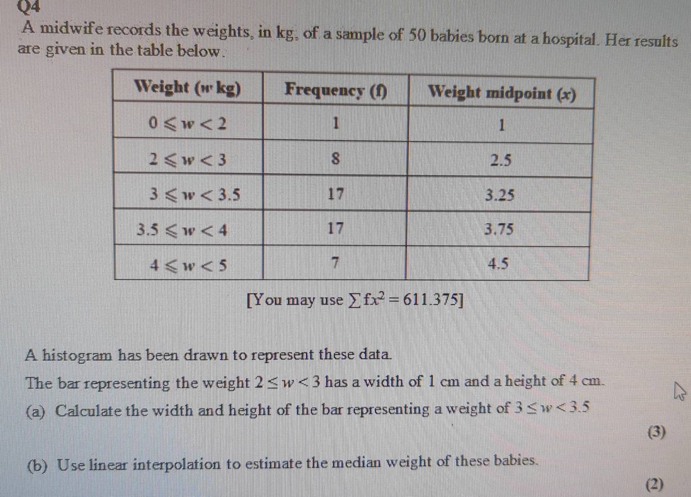 A midwife records the weights, in kg, of a sample of 50 babies born at a hospital. Her results
are given in the table below.
[You may use sumlimits fx^2=611.375]
A histogram has been drawn to represent these data.
The bar representing the weight 2≤ w<3</tex> has a width of 1 cm and a height of 4 cm.
(a) Calculate the width and height of the bar representing a weight of 3≤ w<3.5
(3)
(b) Use linear interpolation to estimate the median weight of these babies.
(2)