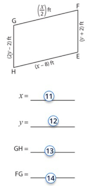 x= 11
y= ⑫
GH= _13_
_
FG=
_14